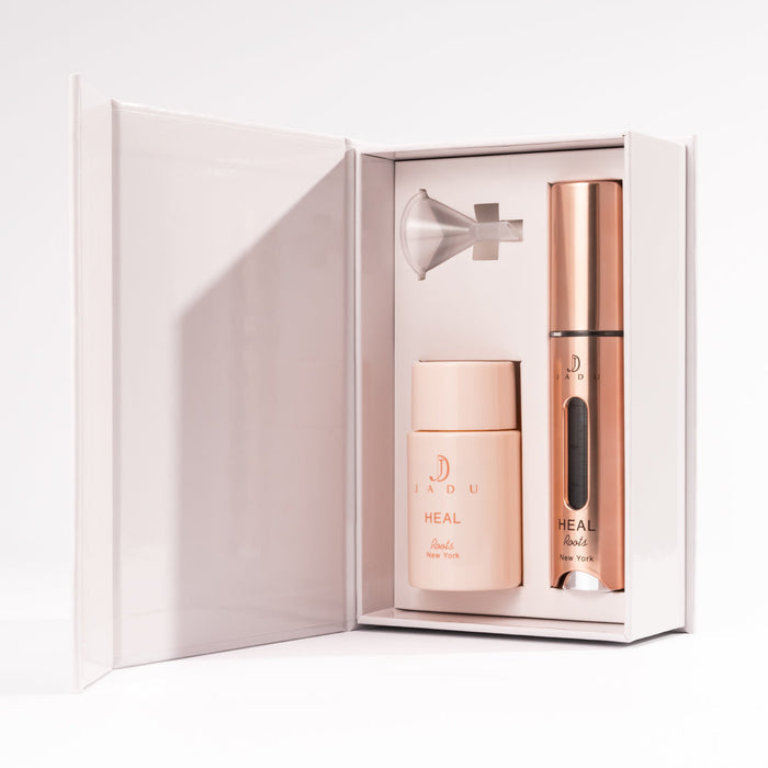 Jadu Heal scalp oil set in open magnetic, luxurious box