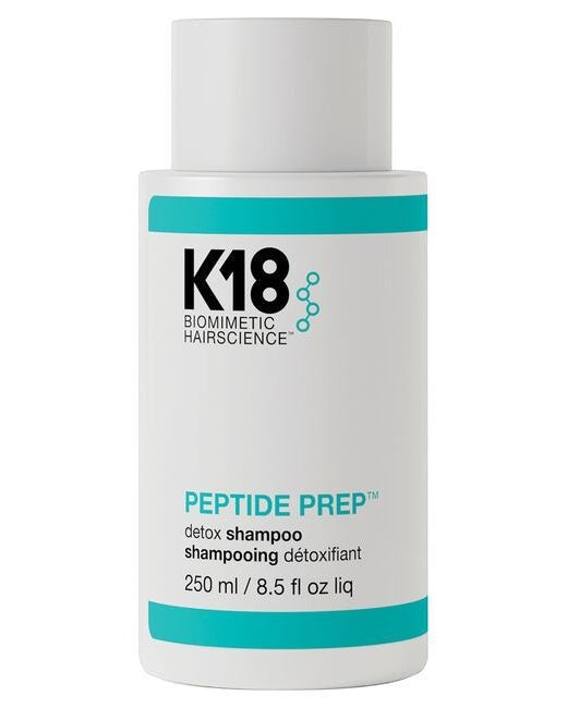 Hair Care Canada K18 PEPTIDE PREP Detox Shampoo bottle with white and teal branding for clarifying hair care.