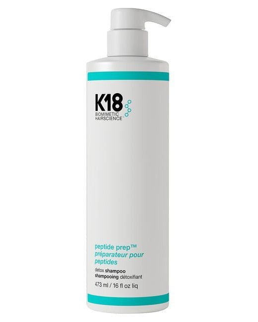 Hair Care Canada K18 PEPTIDE PREP Detox Shampoo in a white bottle with a pump dispenser for clarifying hair treatment.