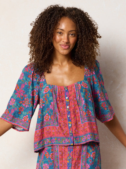 Kalli Top - Teal Boho Border Scarf-view 1
