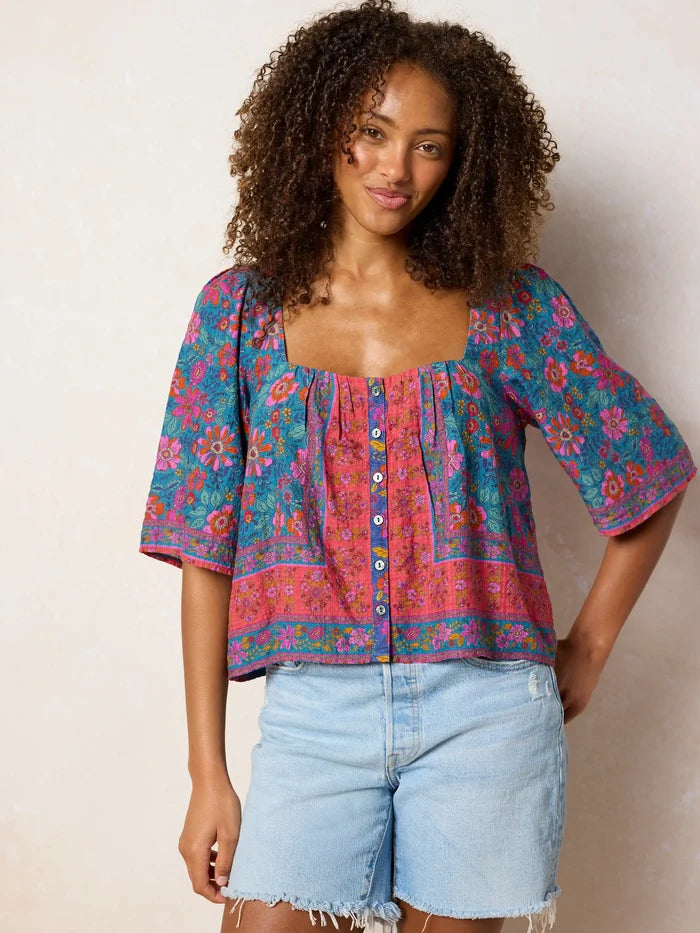 Kalli Top - Teal Boho Border Scarf-view 6