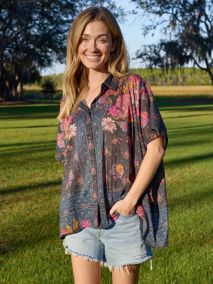 Kelly Oversized Cotton Button Down - English Garden Charcoal-view 3