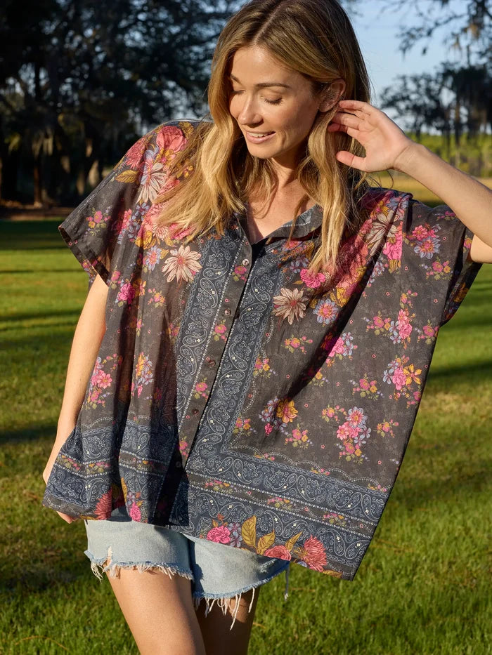 Kelly Oversized Cotton Button Down - English Garden Charcoal-view 4
