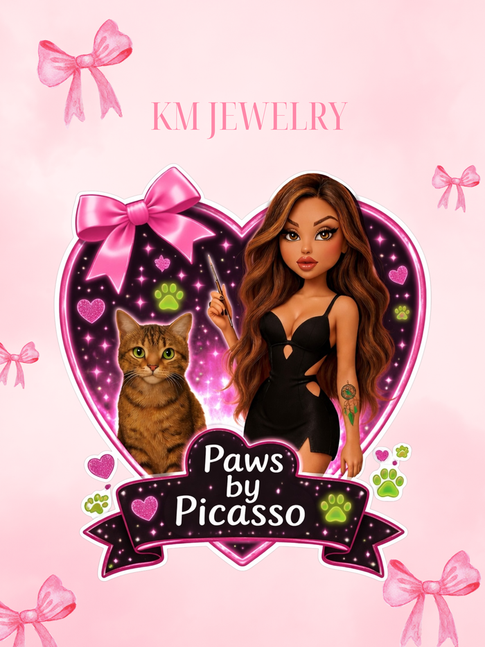Card for 'Paws by Picasso' jewelry with a doll and cat illustration on a pink background.