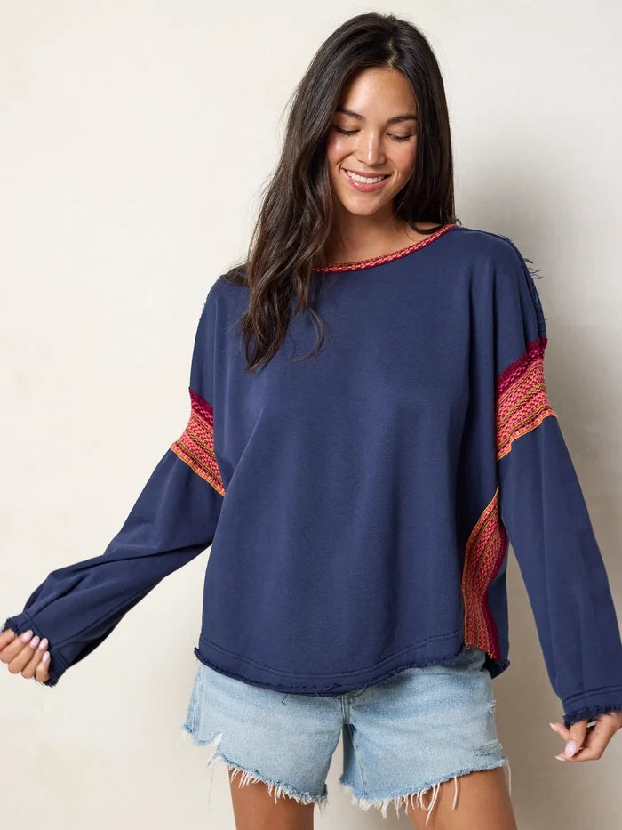 Knit Trim Sweatshirt - Navy-view 1