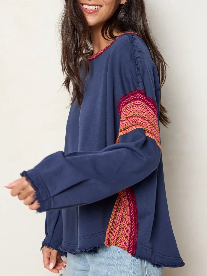 Knit Trim Sweatshirt - Navy-view 2