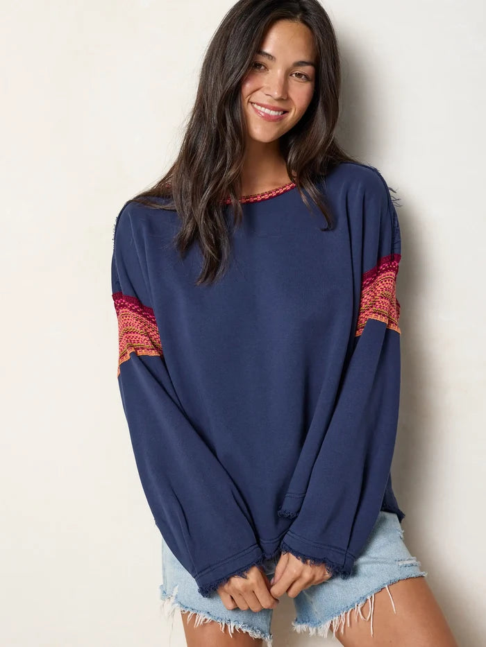 Knit Trim Sweatshirt - Navy-view 3