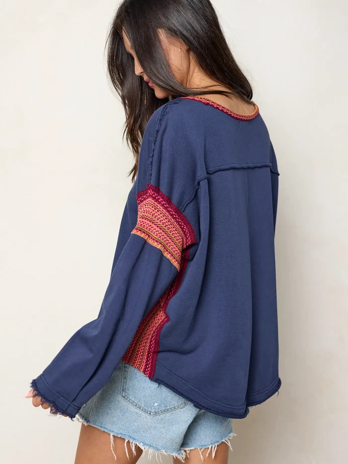 Knit Trim Sweatshirt - Navy-view 4