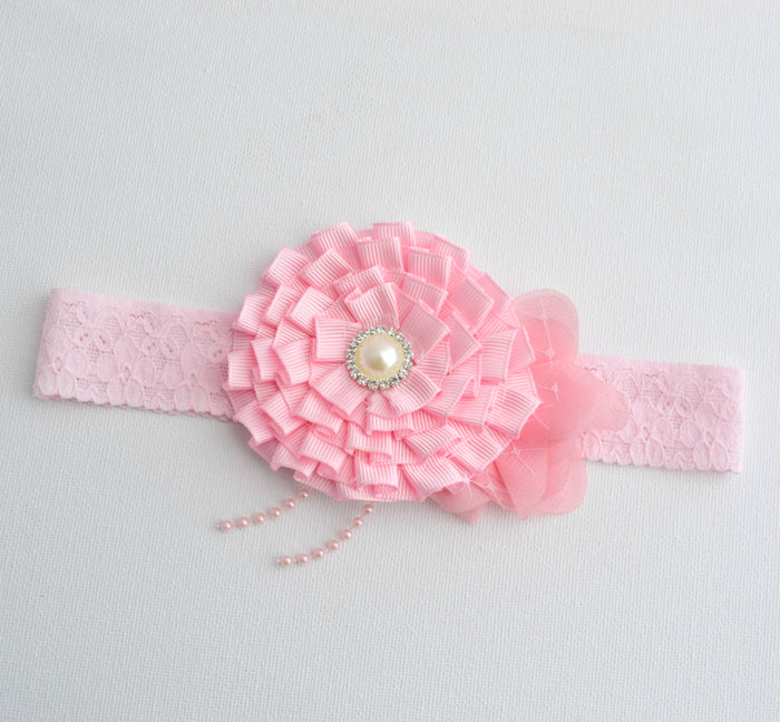 Lace Headband - pink flowers - Size: 6 months to 2yrs