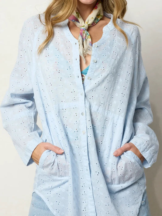 Laid Back Cotton Button Down Top - Light Blue Eyelet-view 1