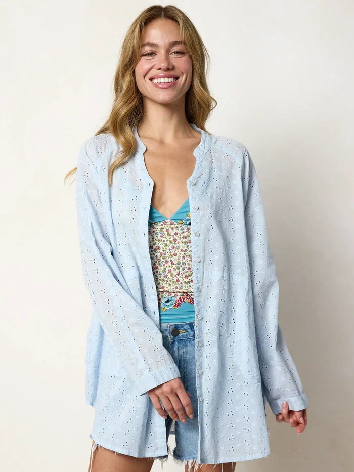 Laid Back Cotton Button Down Top - Light Blue Eyelet-view 2