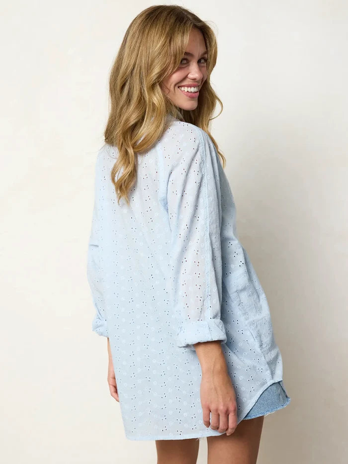 Laid Back Cotton Button Down Top - Light Blue Eyelet-view 5