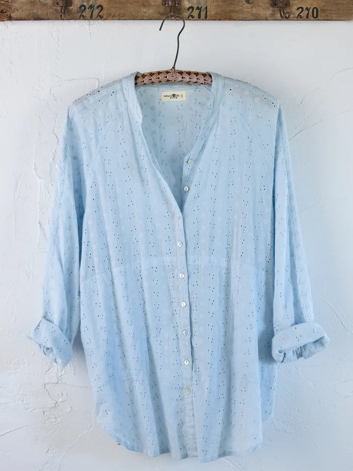 Laid Back Cotton Button Down Top - Light Blue Eyelet-view 6