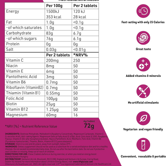 Lift Activ Chewable Energy Tablets Juicy Raspberry  18 (T)
