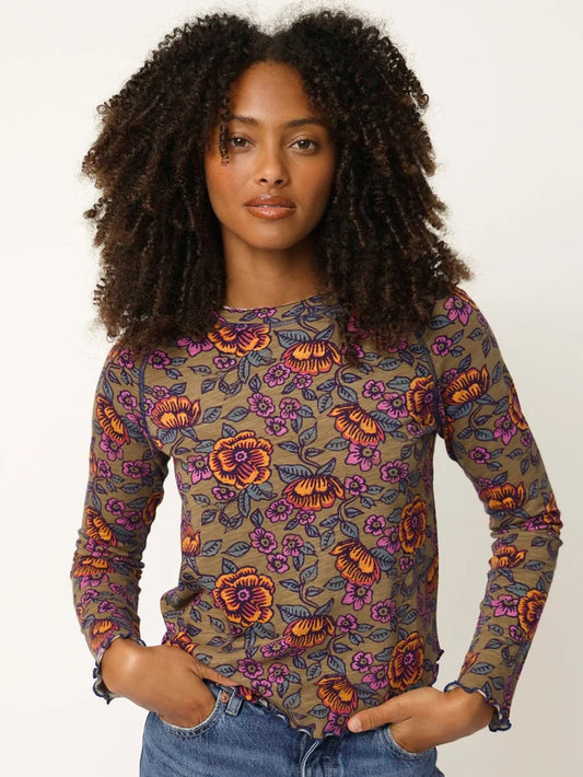 Lily Cotton Long Sleeve Tee Shirt - Woodcut Floral Bronze-view 1