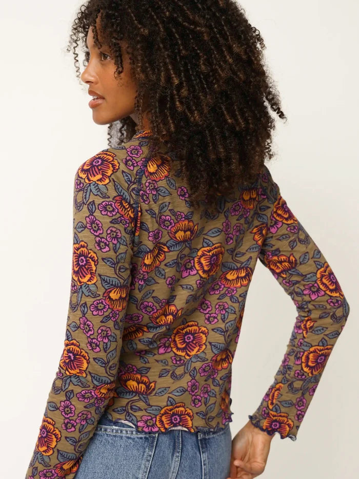 Lily Cotton Long Sleeve Tee Shirt - Woodcut Floral Bronze-view 2