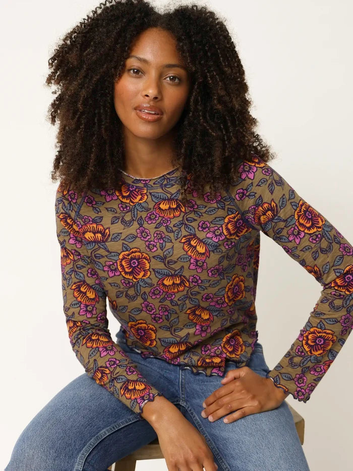 Lily Cotton Long Sleeve Tee Shirt - Woodcut Floral Bronze-view 3