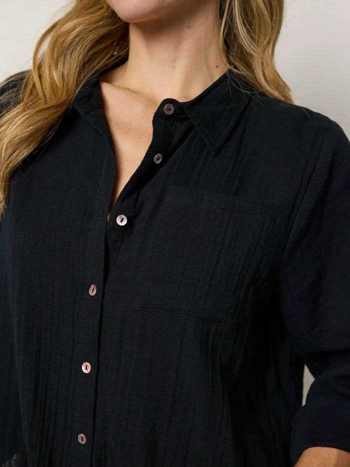 Lola Tie Cotton Button Down - Black-view 4