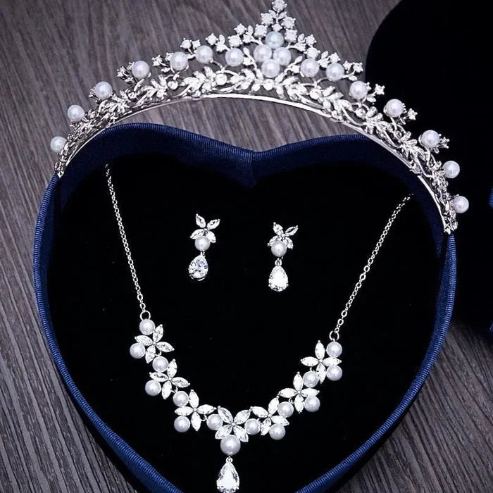 Wedding Jewelry and Accessories - Silver Cubic Zirconia and Pearl 3-Piece Bridal Jewelry Set with Tiara
