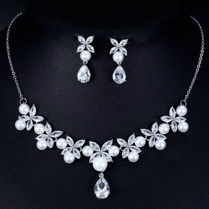 Wedding Jewelry and Accessories - Silver Cubic Zirconia and Pearl 3-Piece Bridal Jewelry Set with Tiara