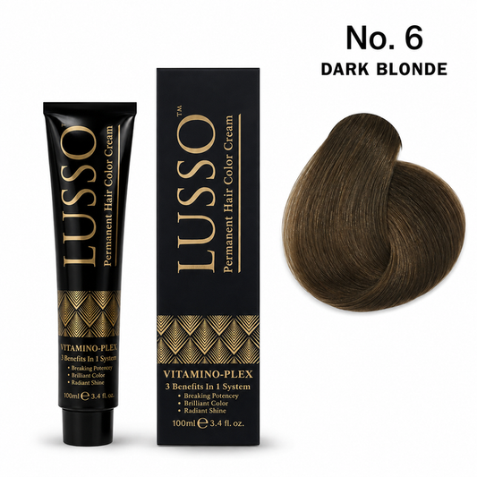 LUSSO Permanent Hair Colour Cream 100 ml No. 6 Dark Blonde with colour swatch