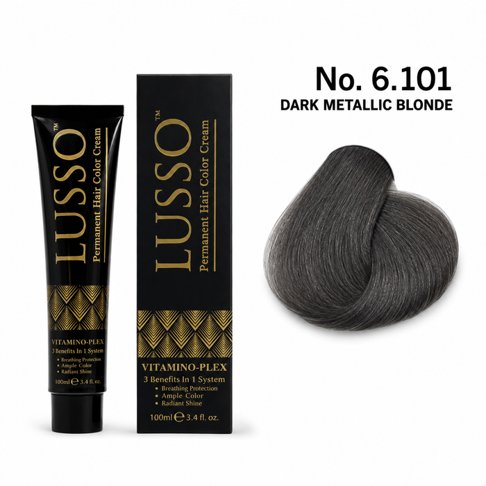 LUSSO Permanent Hair Colour Cream 100 ml No. 6.101 Dark Metallic Blonde with colour swatch