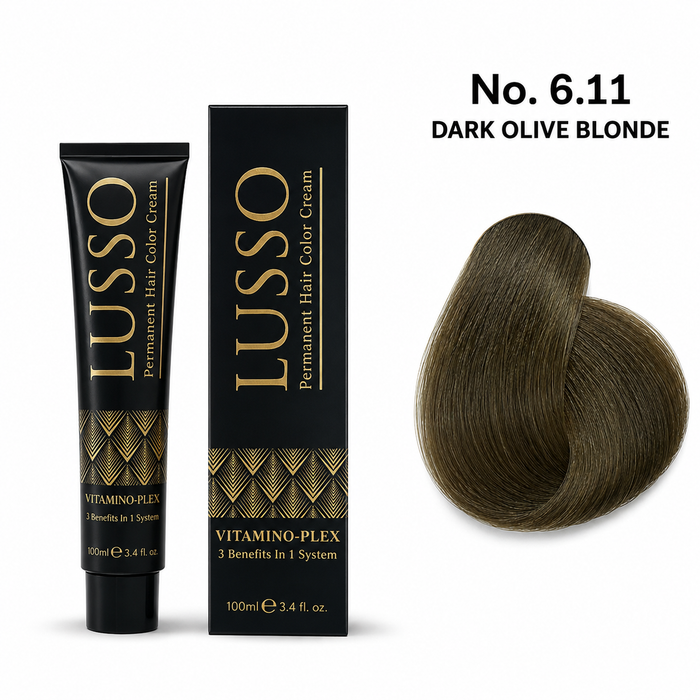 LUSSO Permanent Hair Colour Cream 100 ml No. 6.11 Dark Olive Blonde with colour swatch