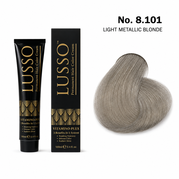 LUSSO Permanent Hair Colour Cream 100 ml No. 8.101 Light Metallic Blonde with colour swatch