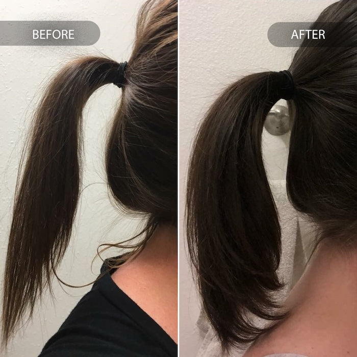 Before and after using magic drip to make pony tail look visibly thicker - scalp treatment for thinning hair
