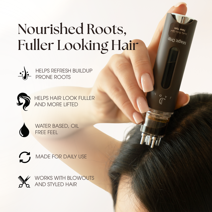 Nourished roots, fuller looking hair. water-based, oil free, works with blowouts and styled hair.