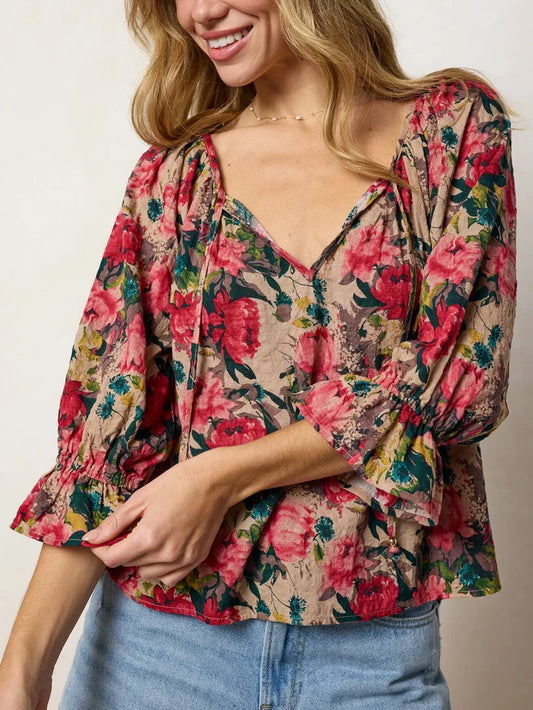 Magnolia Top - Tan Red Roses-view 1