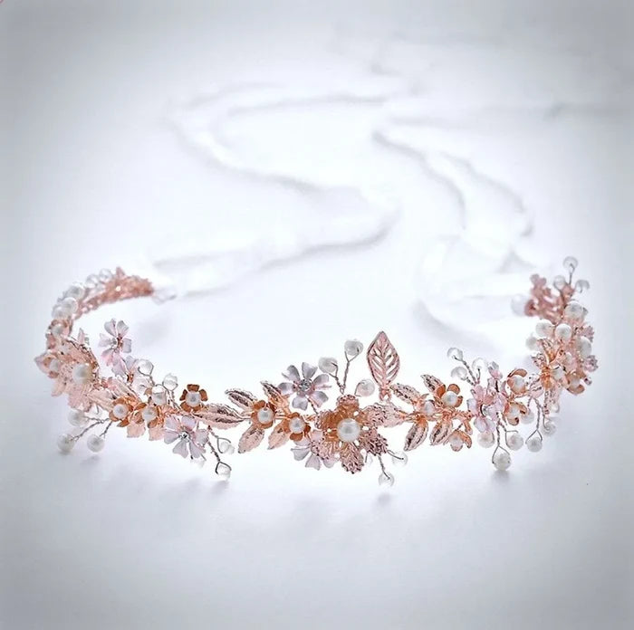 Wedding Hair Accessories - Rose Gold Pearl and Crystal Bridal Headband