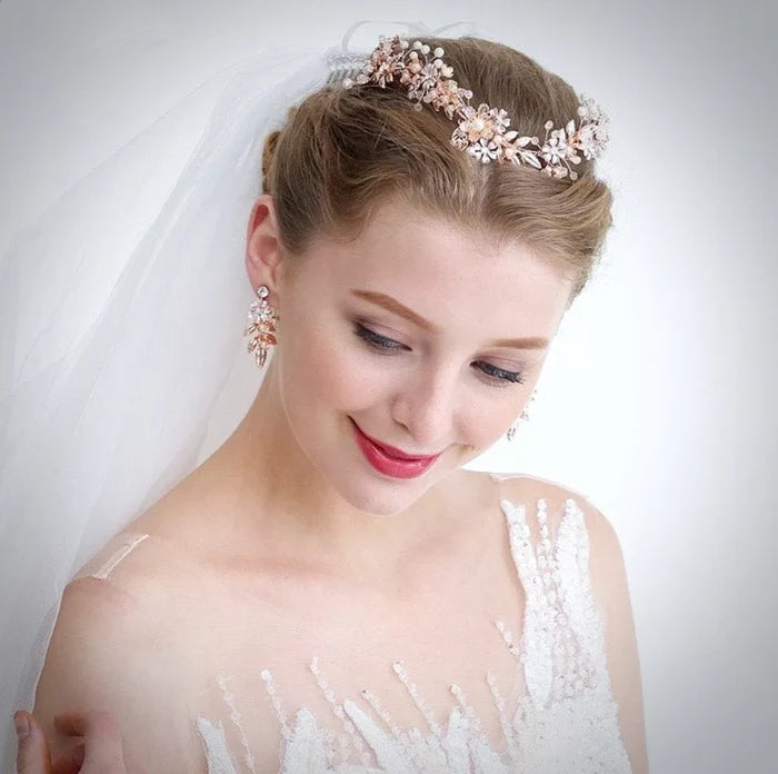 Wedding Hair Accessories - Rose Gold Pearl and Crystal Bridal Headband