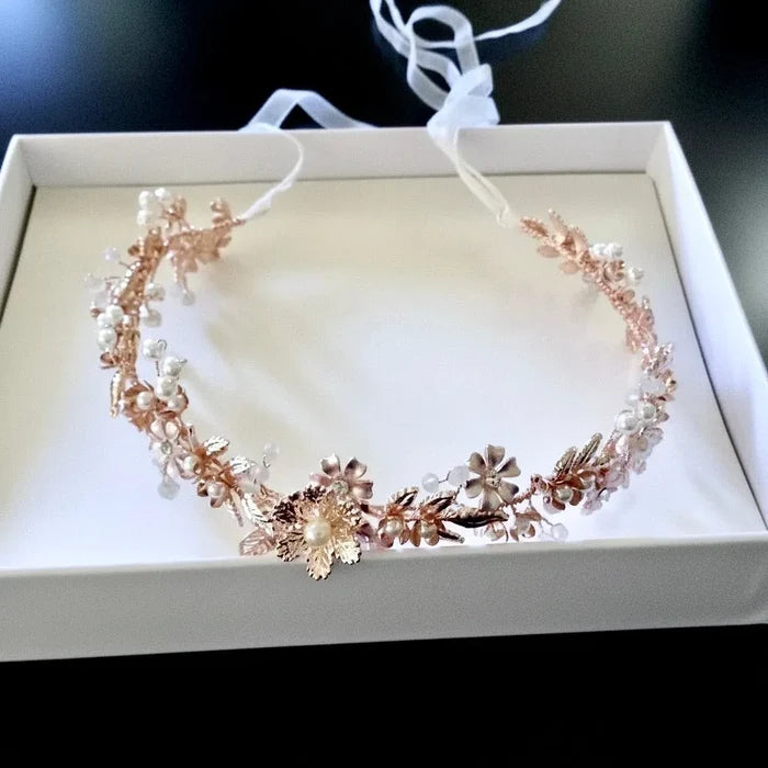 Wedding Hair Accessories - Rose Gold Pearl and Crystal Bridal Headband