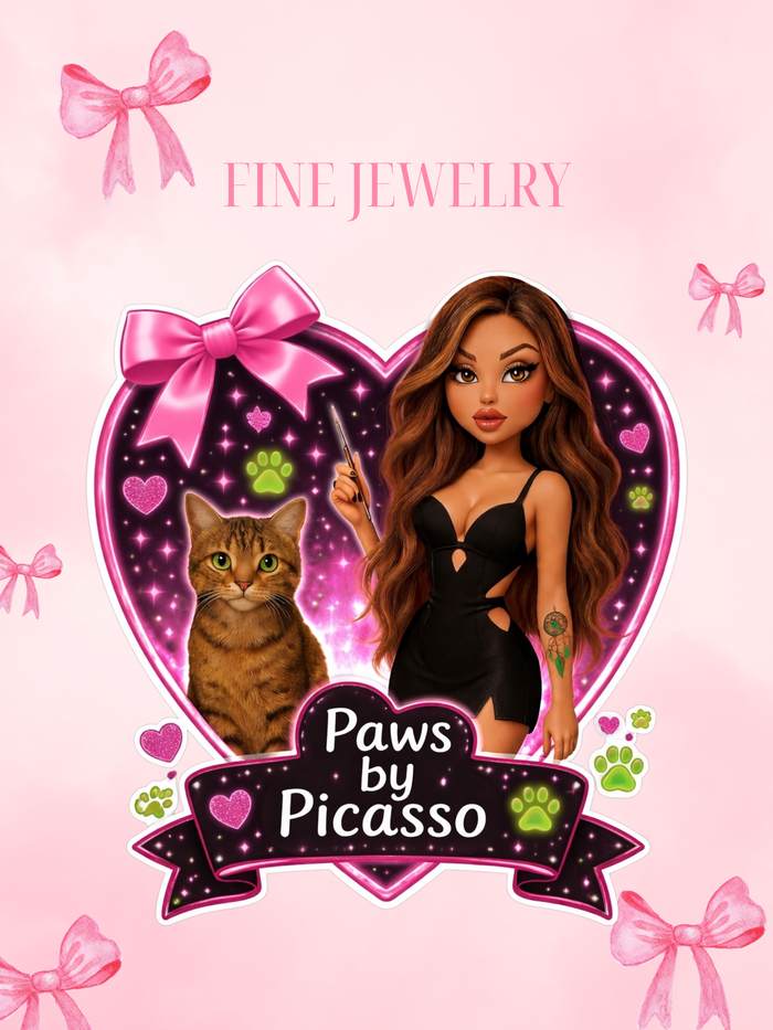 Card for 'Paws by Picasso' fine jewelry with a doll and cat illustration on a pink background.