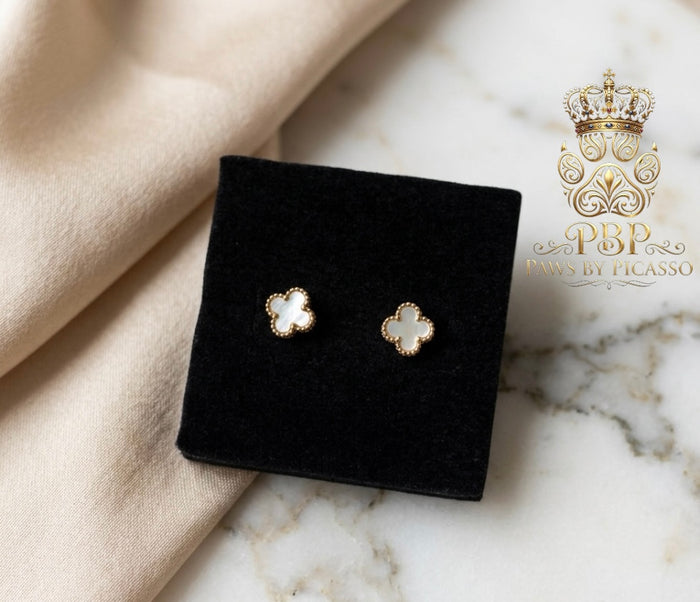 Pair of gold and white clover-shaped earrings on a black velvet stand with 'Paws by Picasso' branding.