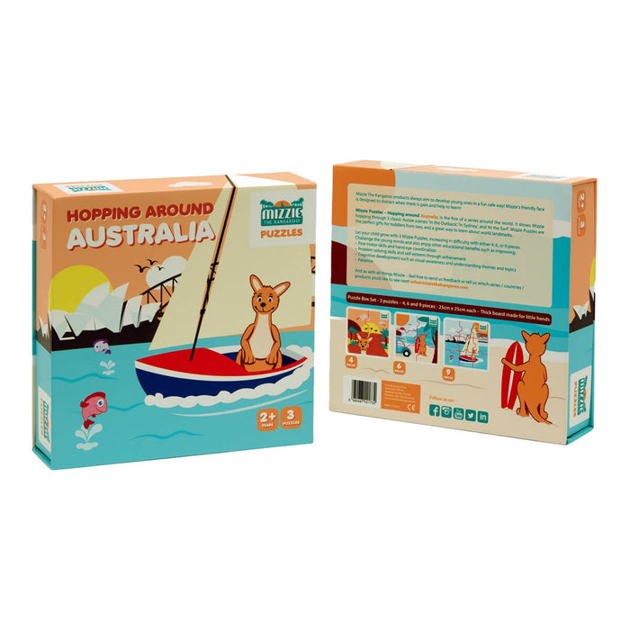 Mizzie The Kangaroo Mizzie Puzzle Box Set, containing 3 puzzles with increasing difficulty levels (4, 6, and 9 pieces) featuring iconic Australian scenes. The set comes in a sturdy, sleekly designed magnetic box that keeps all the pieces neatly organised.