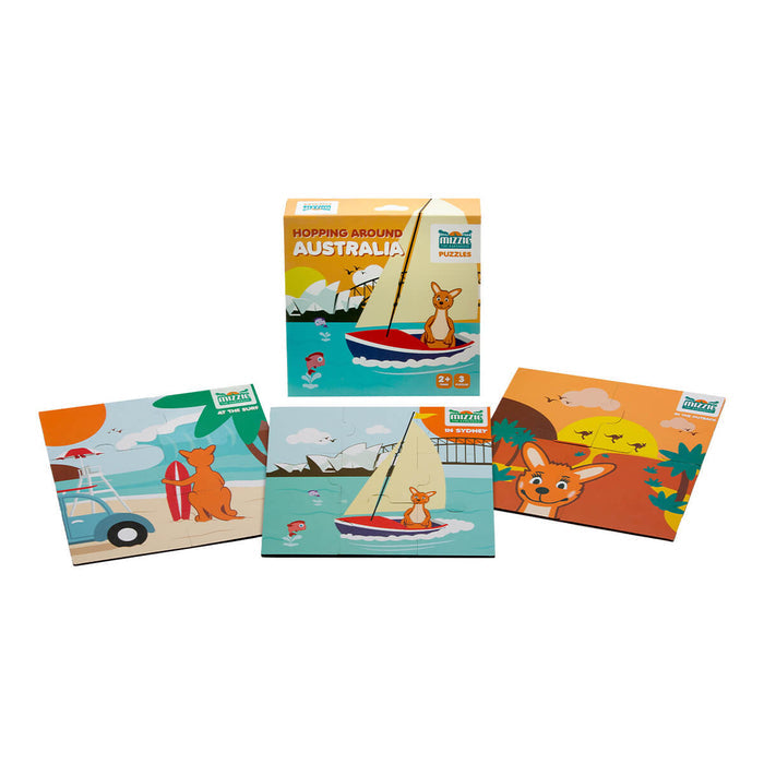 Mizzie The Kangaroo Mizzie Puzzle Box Set, containing 3 puzzles with increasing difficulty levels (4, 6, and 9 pieces) featuring iconic Australian scenes. The set comes in a sturdy, sleekly designed magnetic box that keeps all the pieces neatly organised.