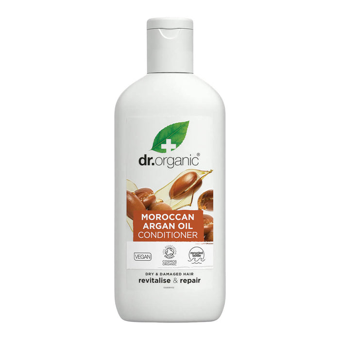 265ml bottle Dr. Organic Moroccan Argan Oil Conditioner formulated with natural ingredients to nourish and hydrate the hair.