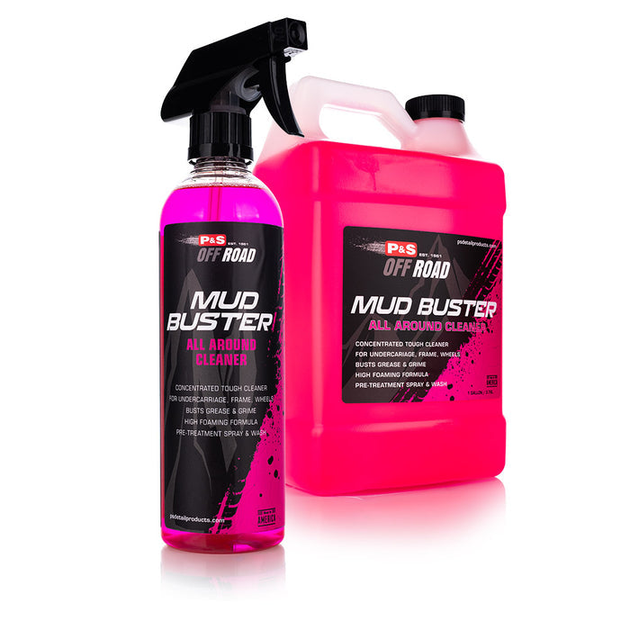A spray bottle and jug of P and S Mud Buster on a white background.