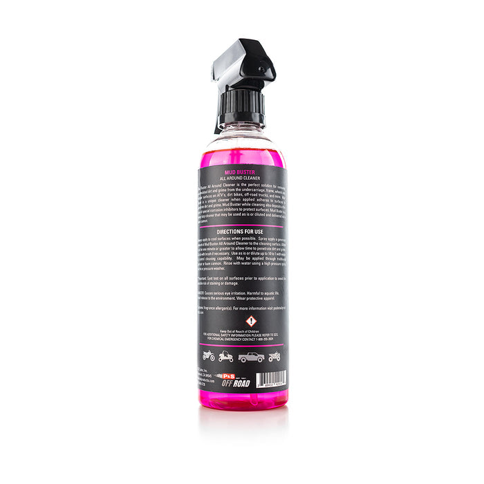 The back of a bottle of P&S Mud Buster on a white background.