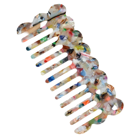 Multicolor acetate wide-tooth hair comb with smooth curved teeth for detangling straight, wavy, and curly hair.
