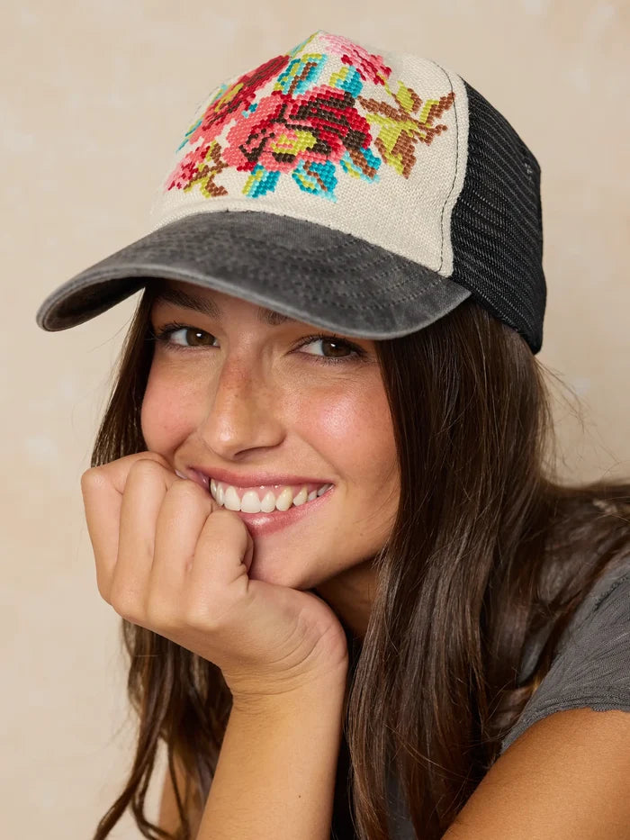 Cross-Stitch Trucker Hat - Flower-view 2