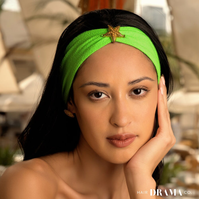 Neon Green Textured Hair Band with Starfish Metal Broach