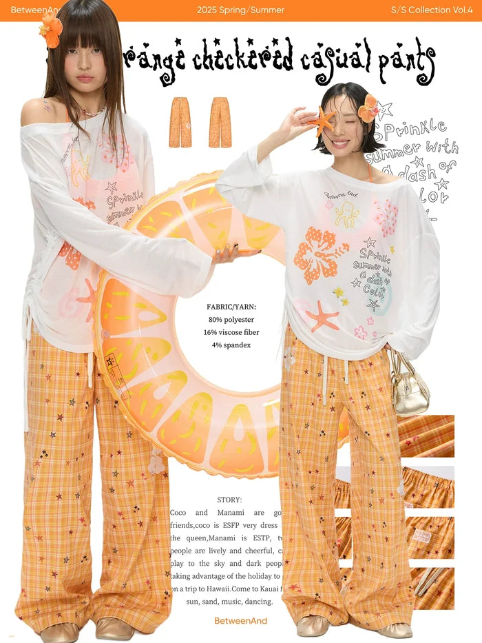 Orange checkered stars print pants