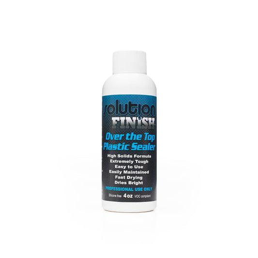 A bottle of Solution Finish Over the top plastic sealer on a white background.
