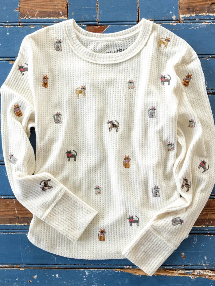 Parker Embroidered Thermal Tee - Cream Cats-view 1