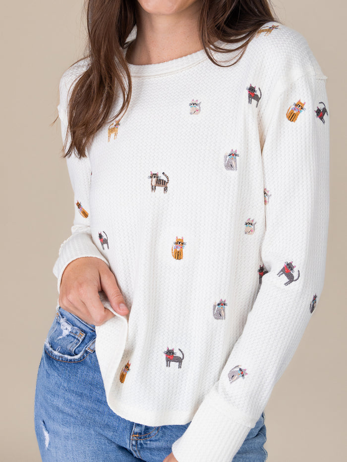 Parker Embroidered Thermal Tee - Cream Cats-view 2