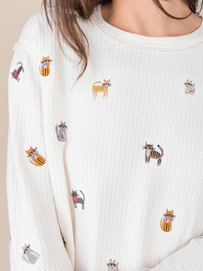 Parker Embroidered Thermal Tee - Cream Cats-view 3