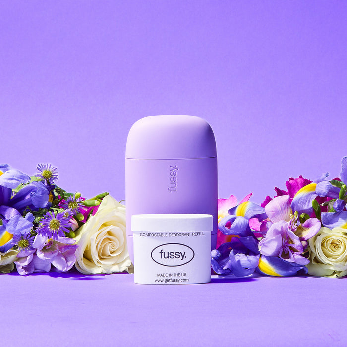 Fussy's natural, refillable deodorant starter pack in Parma Violets scent (violet flower, rose, iris) with deodorant case in Lilac colour.